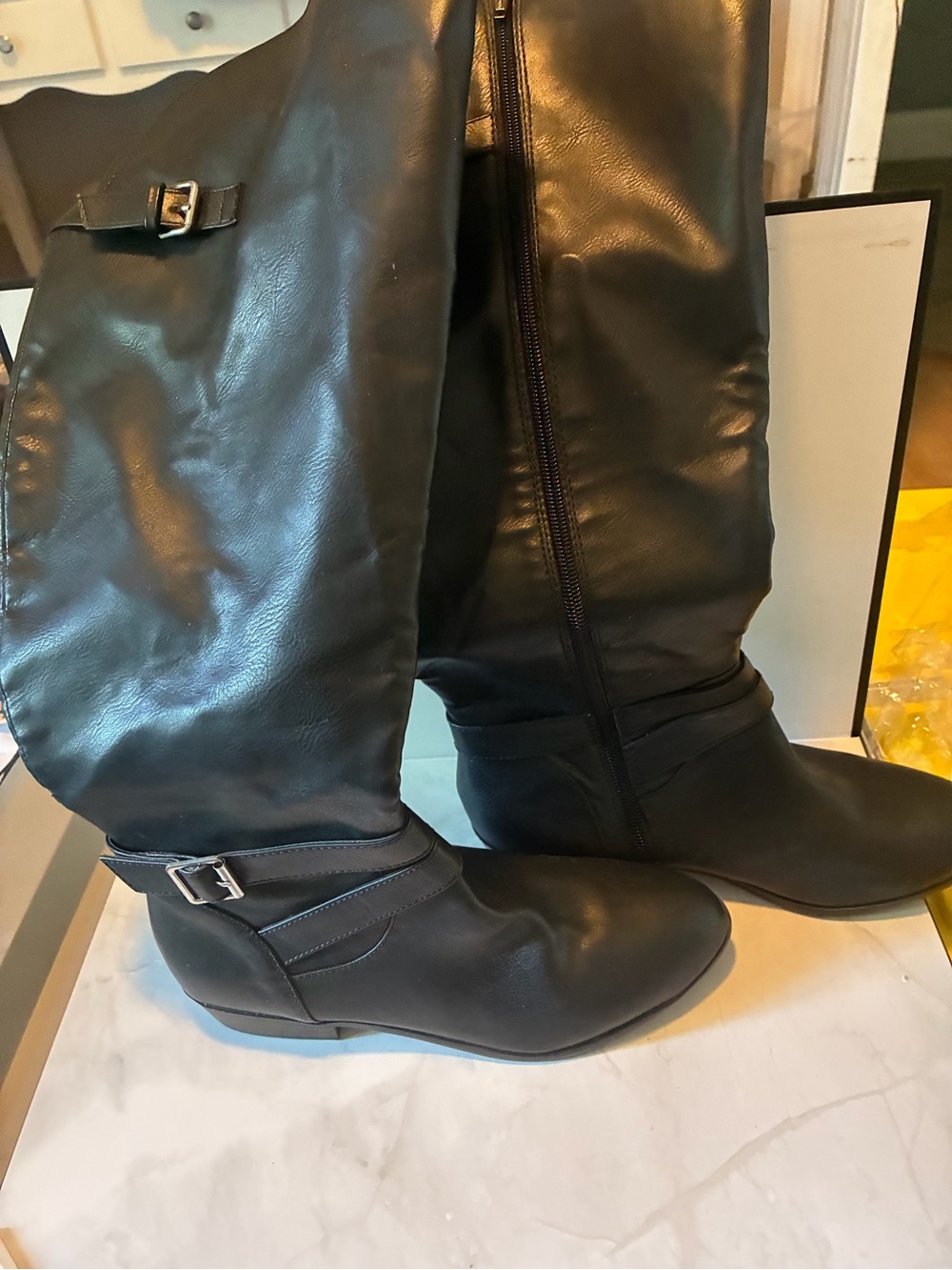 Women's Black Mid-Calf Wedge Boot with Buckle Detail